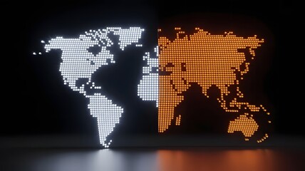 Abstract World Map Made of Glowing Dots in White and Orange Colors Modern Technology and Global Connection Concepts 3D Rendering