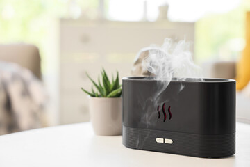 Air humidifier with plant and decor on table in living room, closeup