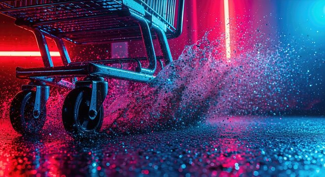 Shopping Cart in Neon Light with Splashing Water. Ai generation