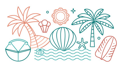 Obraz premium Vector art of tropical summer beach vacation themed illustration with palm trees, starfish, shells, and surfboards