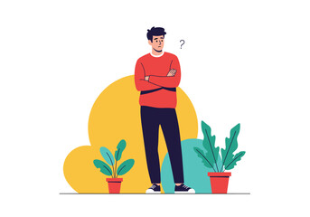 Perplexed man stands with arms crossed surrounded by potted plants and abstract shapes