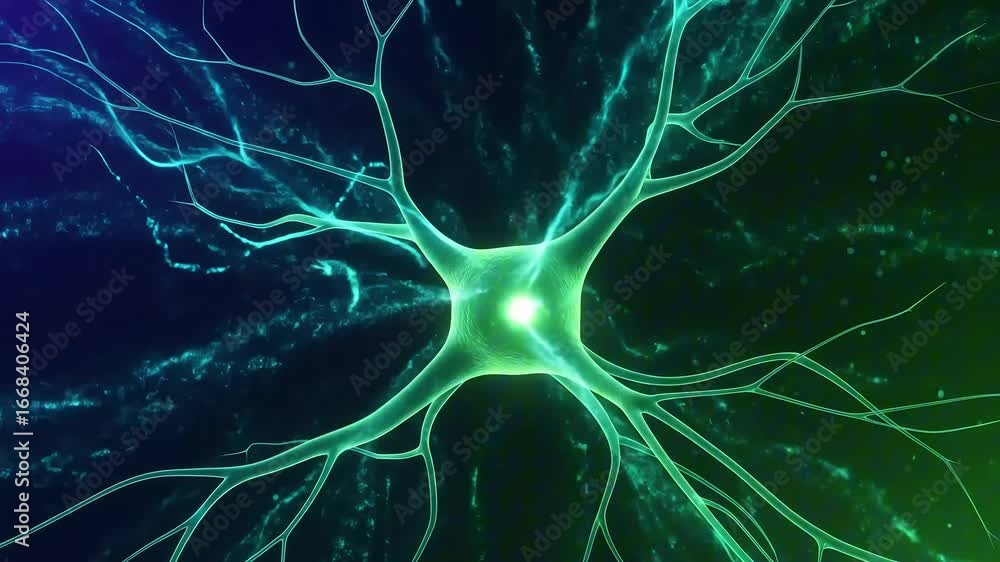 Poster abstract illustration of a glowing neuron with intricate branches on a dark background, symbolizing 
