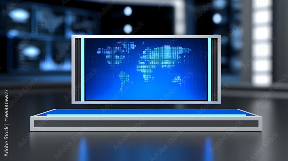 Poster laptop displaying a world map on a digital screen