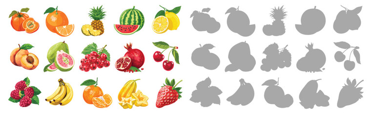 A colorful assortment of tropical fruits, including watermelon, oranges, bananas, strawberries, and pineapples. Concept of freshness and variety, with vibrant fruit illustrations and silhouette icons