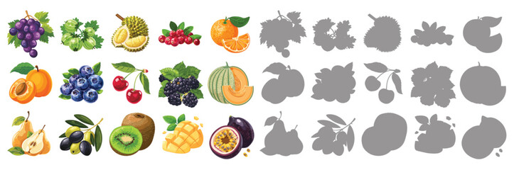 A colorful assortment of tropical fruits, including watermelon, oranges, bananas, strawberries, and pineapples. Concept of freshness and variety, with vibrant fruit illustrations and silhouette icons