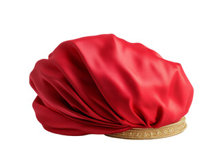 Elegant red silk turban with gold embellishment draped in luxurious folds