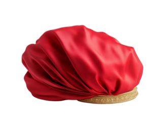 Elegant red silk turban with gold embellishment draped in luxurious folds