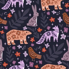 Cotton fabric Seamless pattern with whimsical woodland animals bear fox rabbit and bird decorated with floral motifs in a fairytale forest style perfect for nursery children and nature inspired designs