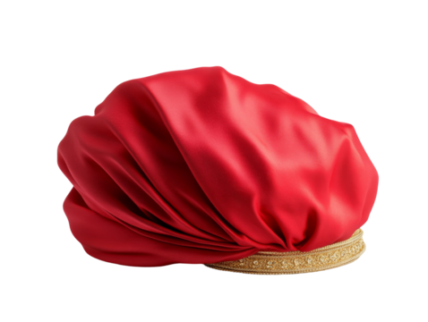 Elegant red silk turban with gold embellishment draped in luxurious folds
