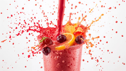 Fruit smoothie splash explosion against a white background.