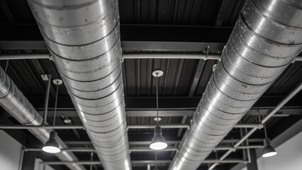 Industrial design metal pipes ceiling modern architecture lighting fixtures urban space ventilation system black and white
