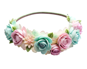 A floral crown with pink, blue, and white flowers isolated on transparent background
