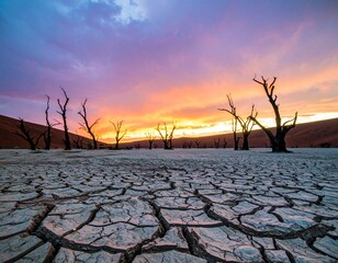 Dead Trees in Dried-Up Lakebed at Sunset - Dramatic African Landscape Photography