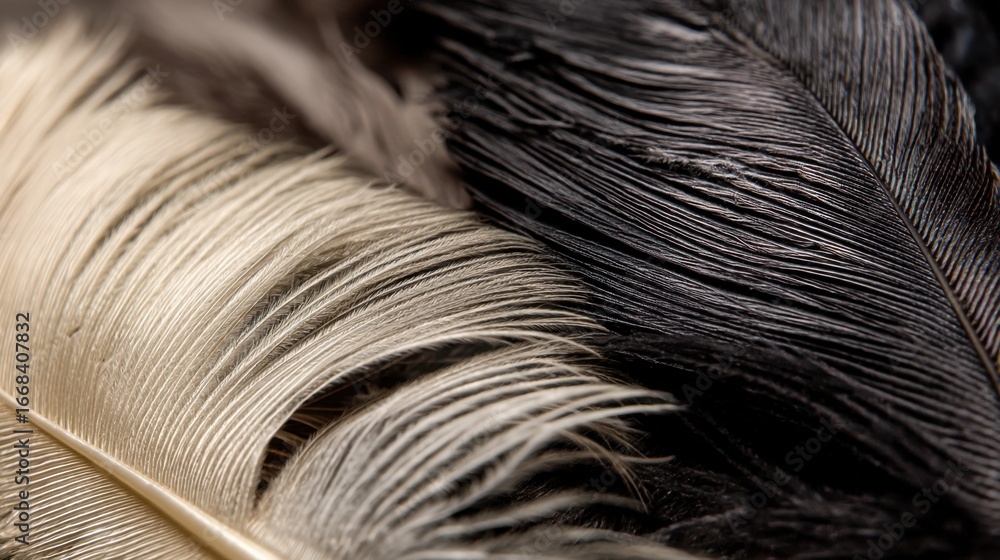 Poster detailed close-up of soft black and cream feathers showcasing natural texture and delicate patterns 