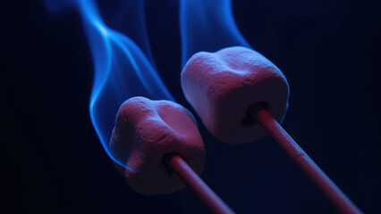 Marshmallows roasting over flame, creating mesmerizing blue glow, evoke sense of warmth and nostalgia