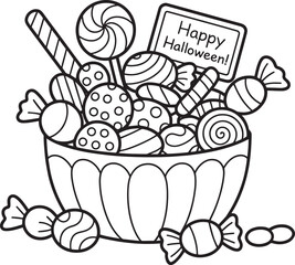 Bowl Full of Candies with Happy Halloween Sign for Trick or Treat Season Artwork