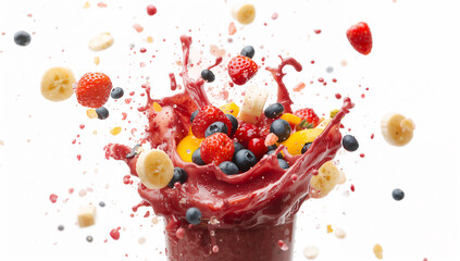 Fruit smoothie splash explosion against a white background.