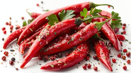 Pile of vibrant peppers with herbs and peppercorns around