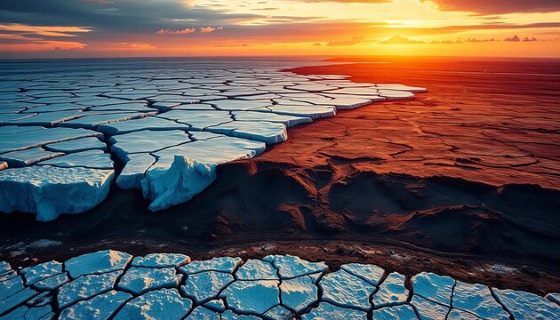 Melting ice caps, cracked earth, rising sea levels, scorched landscape,   volcano,   destruction - Powered by Adobe