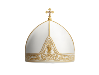 Ornate white mitre with gold embroidery and cross symbol