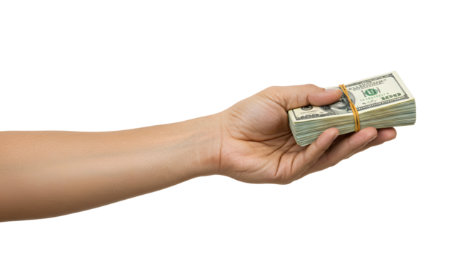 Hand holding stack of money against Transparent Background offering wealth