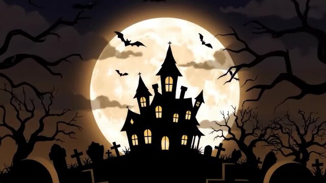 Spooky Mansion Silhouetted Haunted House Under Full Moon on Halloween Night.
