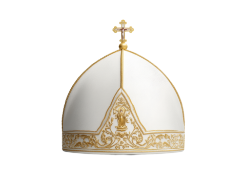 Ornate white mitre with gold embroidery and cross symbol