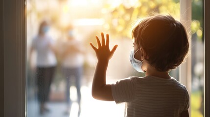 Child in mask looking through window, pandemic protection life scene