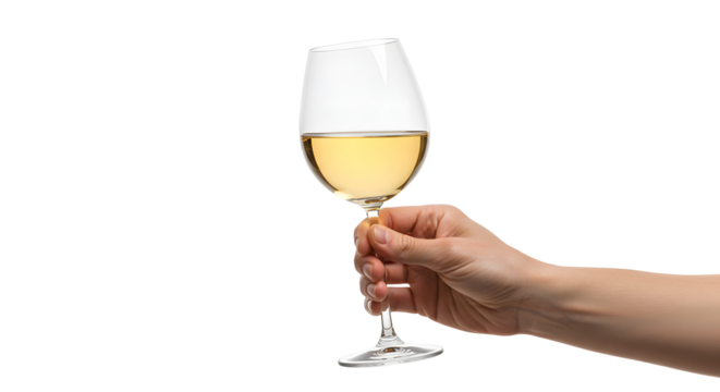 Holding glass of white wine against Transparent Background creating elegant look