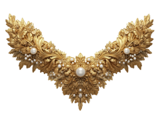 Ornate gold necklace with intricate floral design and pearls