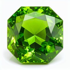 Radiant green gemstone exhibiting multifaceted brilliance, precisely cut on white background