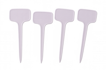 Four blank white plastic plant labels are ready for customization, isolated on a transparent background