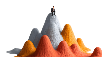 Cartoon businessman standing atop a mountain peak