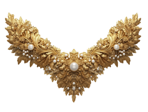 Ornate gold necklace with intricate floral design and pearls
