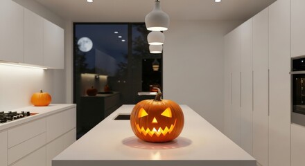 Spooky glowing jack-o'-lantern on modern kitchen island with full moon night view