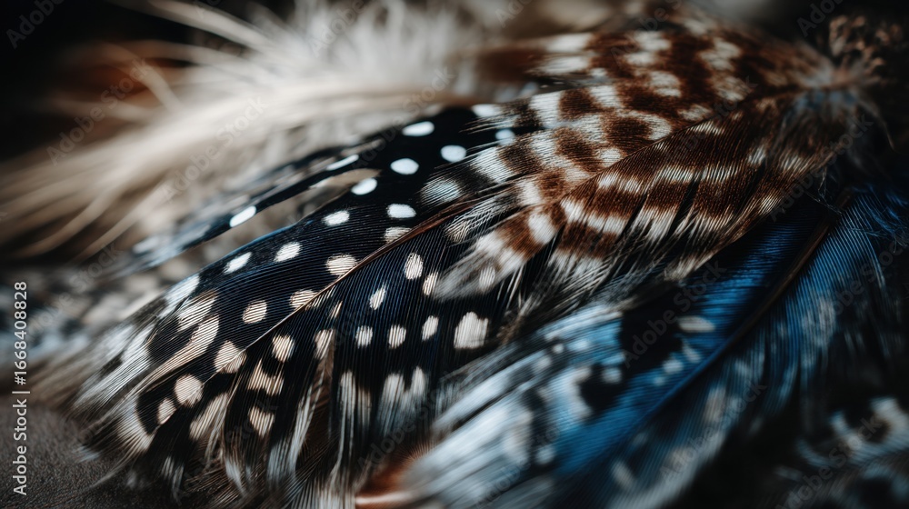 Poster close-up view of colorful bird feathers displaying unique patterns and textures in natural light