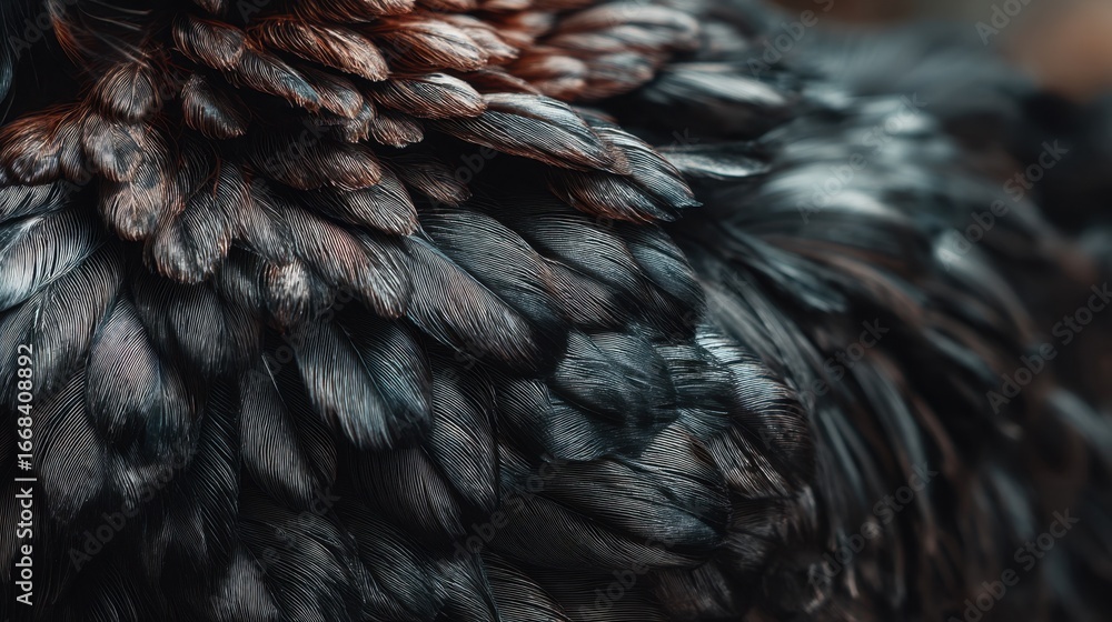 Poster close-up view of iridescent bird feathers showcasing texture and color in nature
