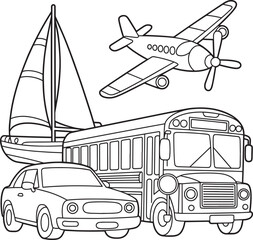 Diverse Transportation Outlines Vehicle Set Sailboat Airplane Bus Car Line Art Illustration