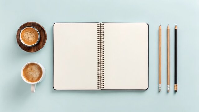 Clean notebook mockup with pencils and coffee for inspiration and productivity on a light surface