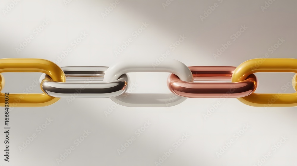Fototapete three interlocking chain links in silver white and copper symbolizing connection strength and unity 