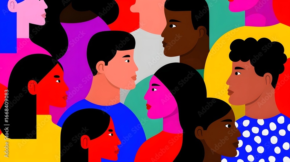 Poster a diverse of faces with vibrant expressions and connections. long_title:this colorful and abstract d