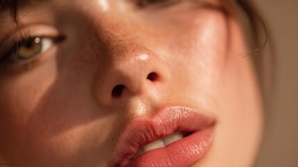 Naklejka premium Close-Up of a Young Woman's Face Highlighting Natural Beauty and Freckles in Soft Lighting Conditions