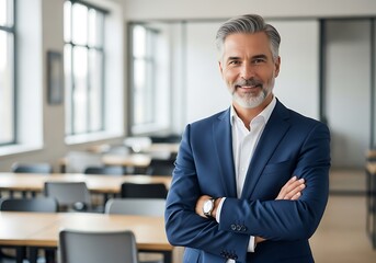 Fototapeta premium Smiling businessman with arms crossed in office