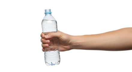 Hand holding water bottle against Transparent Background for hydration concept