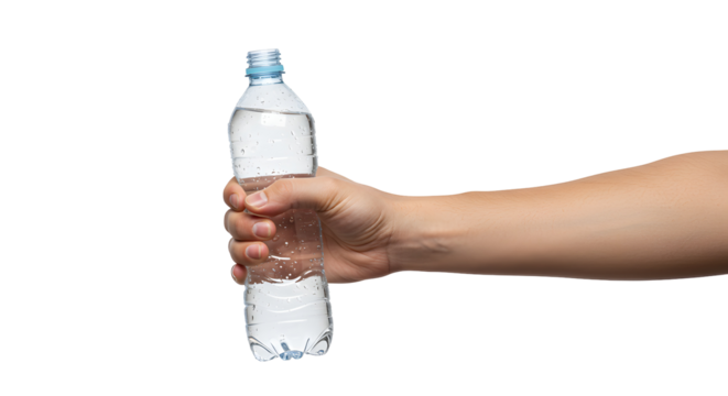 Hand holding water bottle against Transparent Background for hydration concept
