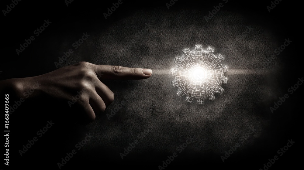 Poster human finger touching abstract light sphere with technology design in dark background