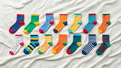 Colorful fun socks laid flat mockup displayed on textured white fabric surface top view