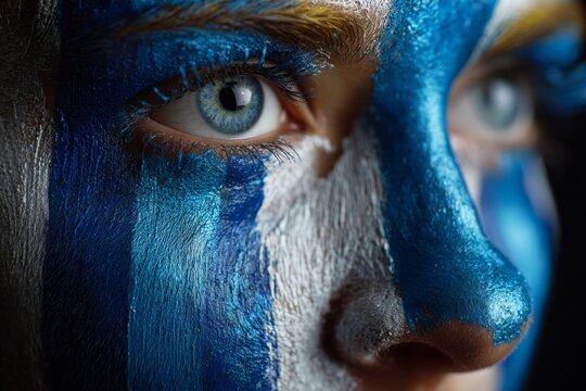A striking portrait showcasing a face adorned with vibrant blue face paint.