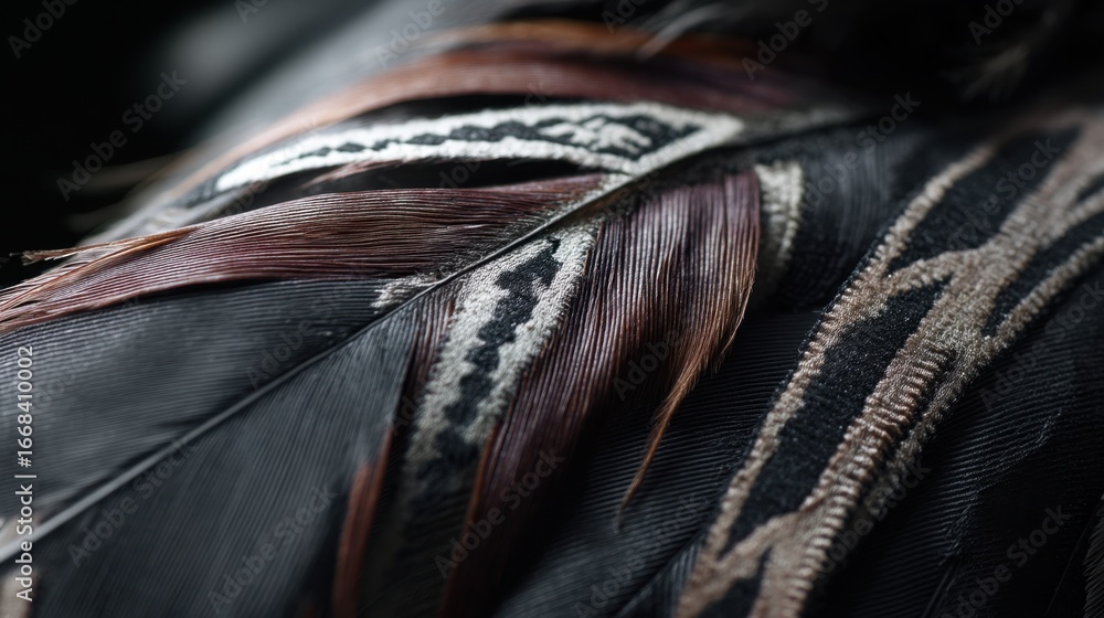 Poster close-up of a detailed feather with intricate patterns and rich colors against a dark background