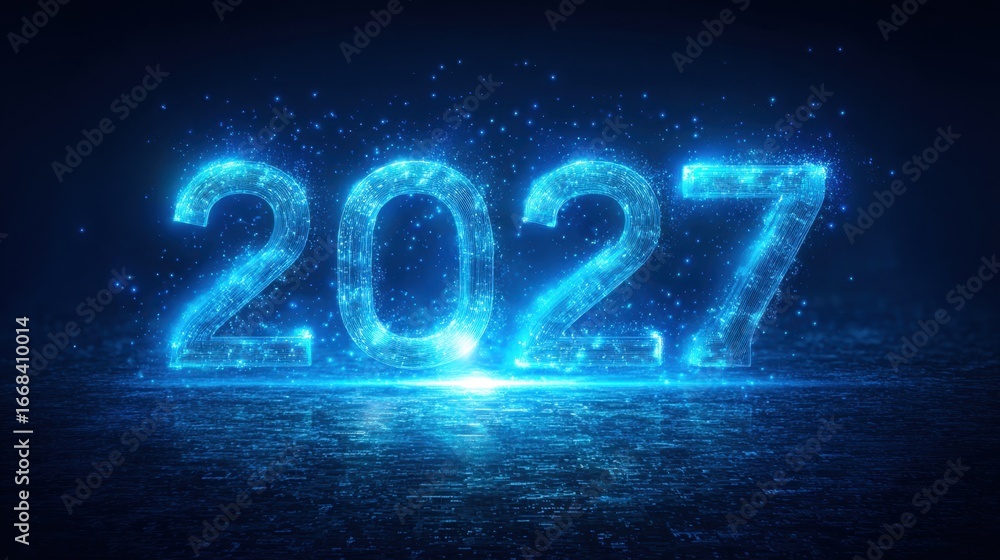 Poster glowing digital representation of the year 2027 with sparkling effects in a dark background